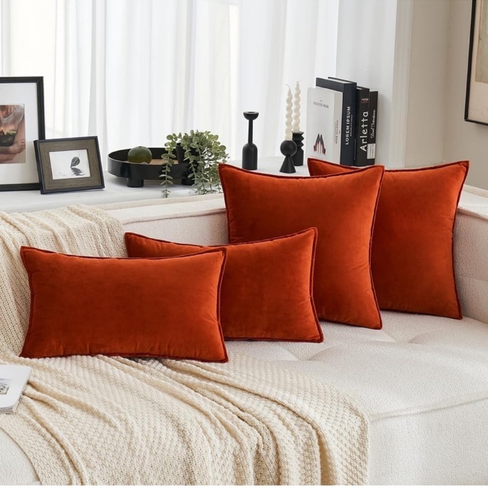 🆕 2 - RUST / BURNT ORANGE VELVET Euro Accent Pillow Covers Luxury High End Hotel